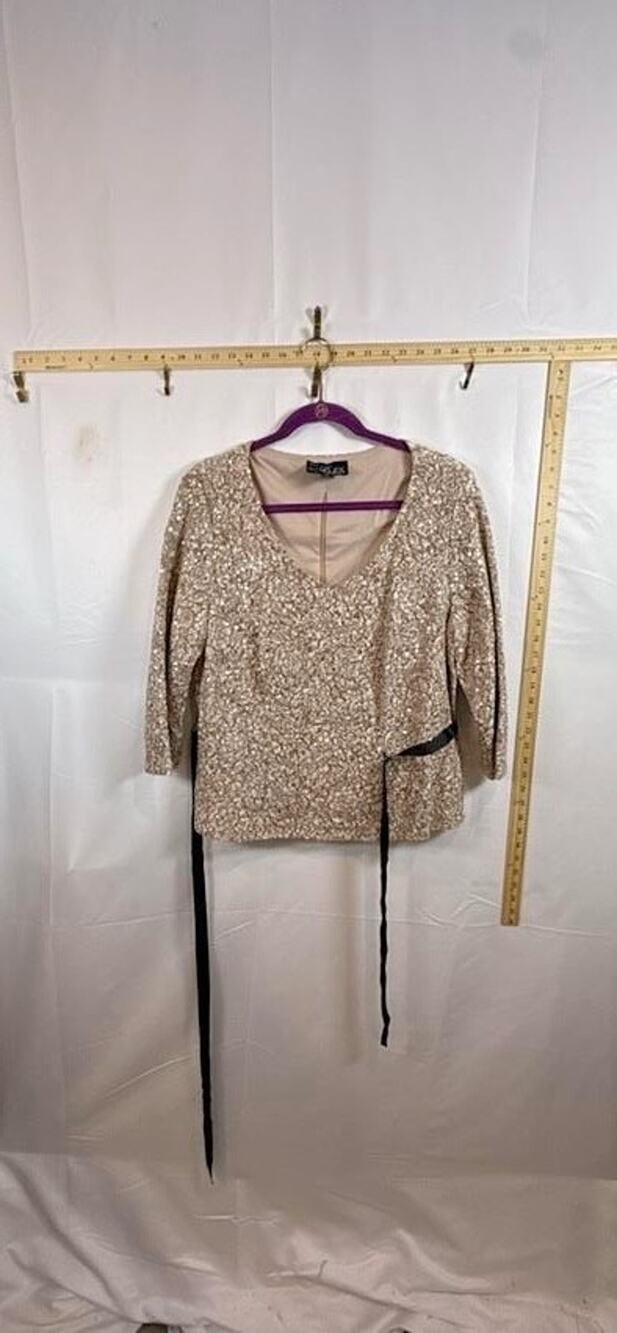 Alex Evenings Woman Gold Sequin Blouse Top Ribbon Tie Cocktail Party Glam Womens